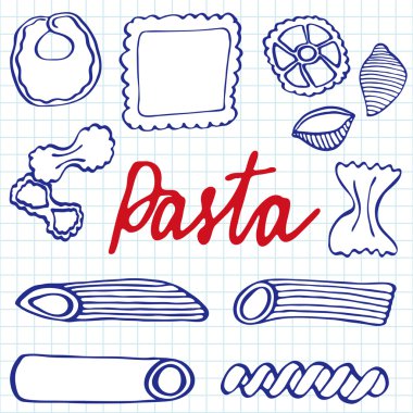 Makarna ayarlayın. Çizilmiş karikatür makarna çeşitleri. Çizim doodle. 