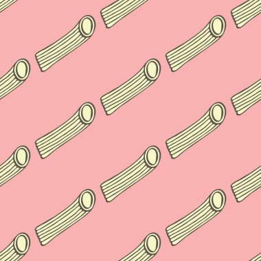 Rigatoni. Seamless pattern with doodle kind of pasta. Hand-drawn background. Vector illustration.