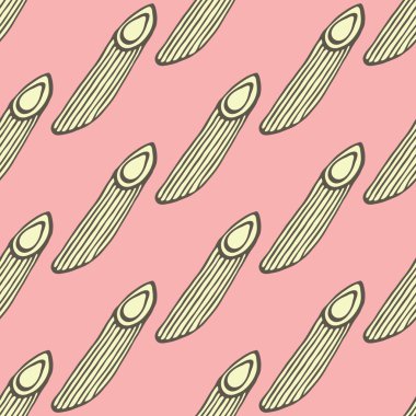 Penne rigate. Seamless pattern with doodle kind of pasta. Hand-drawn background. Vector illustration.