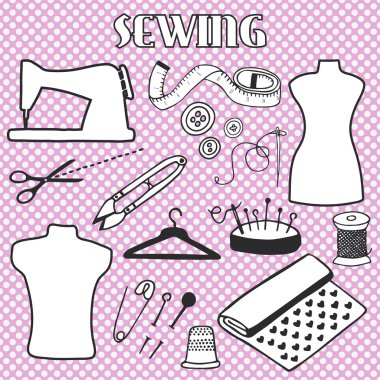 Sewing set. Hand-drawn cartoon tools. Doodle drawing.