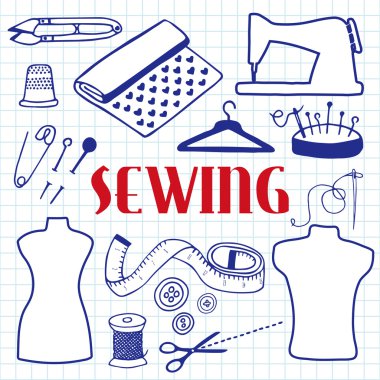 Sewing set. Hand-drawn cartoon tools. Doodle drawing.