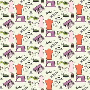 Sewing. Seamless pattern with hand-drawn cartoon sewing tools. Vector illustration.