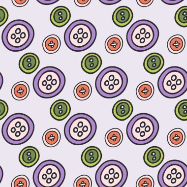 Buttons. Seamless pattern with hand-drawn cartoon sewing tools. Vector illustration.