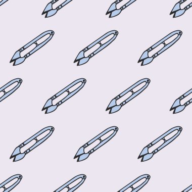 Sewing scissors. Seamless pattern with hand-drawn cartoon sewing tools. Vector illustration.