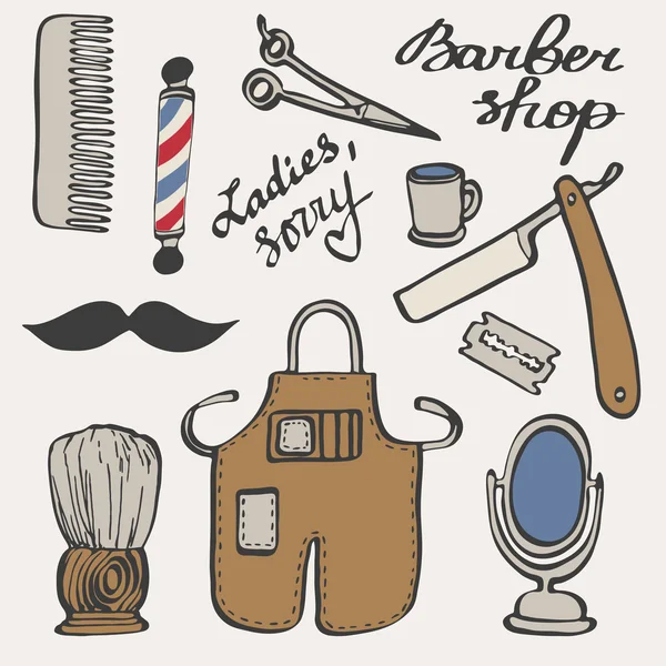 Barbershop set. Hand-drawn cartoon hairdressing stuff. Doodle drawing. — Stockový vektor