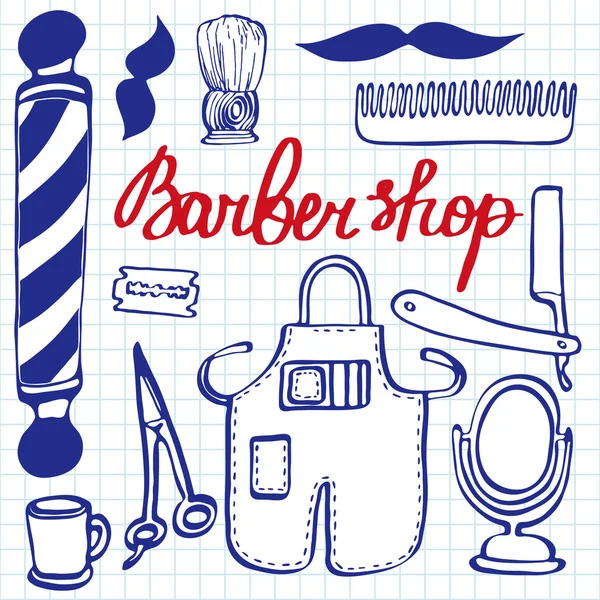 Barbershop set. Hand-drawn cartoon hairdressing stuff. Doodle drawing. — Stock Vector
