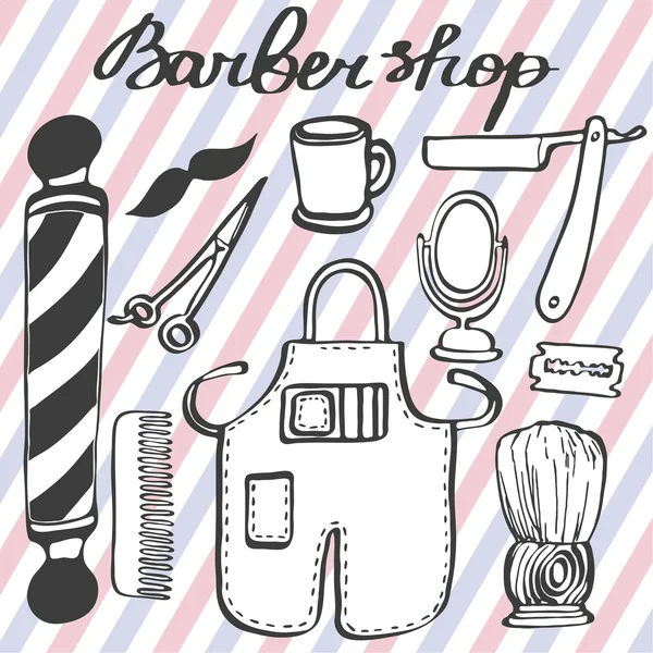 Barbershop set. Hand-drawn cartoon hairdressing stuff. Doodle drawing. — 图库矢量图片