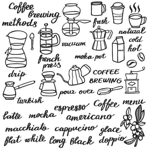 Stort kaffeset. Handritade tecknade kaffe element. Doodle ritning. — Stock vektor