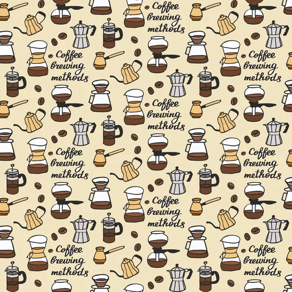 Métodos de fabricação de café. Padrão sem costura com coisas de café doodle. Fundo desenhado à mão. Ilustração vetorial . —  Vetores de Stock