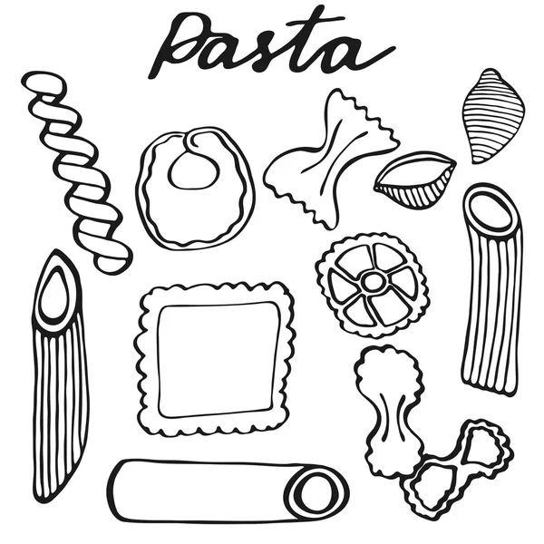 Set de pasta. Dibujos animados dibujados a mano tipo de pasta. Dibujo de Doodle . — Archivo Imágenes Vectoriales