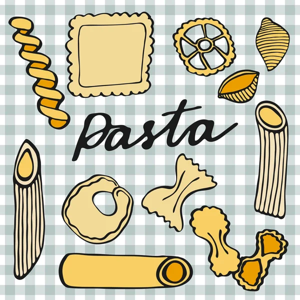 Set de pasta. Dibujos animados dibujados a mano tipo de pasta. Dibujo de Doodle . — Vector de stock