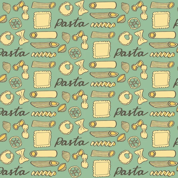 Pasta. Handritade tecknade mönster med olika typer av pasta. Doodle ritning. — Stock vektor