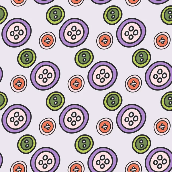 Buttons. Seamless pattern with hand-drawn cartoon sewing tools. Vector illustration. — Stok Vektör