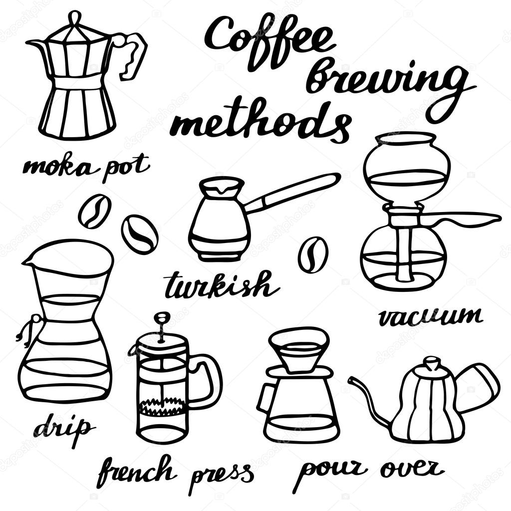 Coffee brewing methods. Seamless pattern with doodle coffee stuff.  Hand-drawn background. Vector illustration. Stock Vector by ©runLenarun  82993418