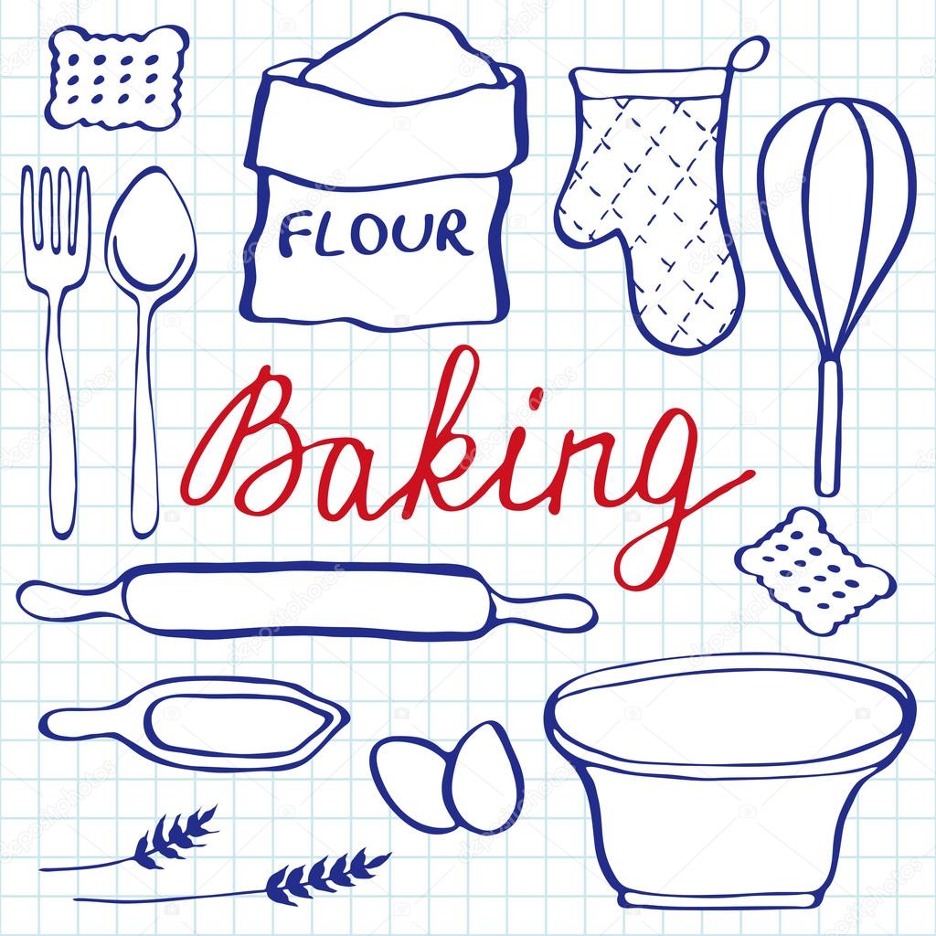 Baking set. Hand-drawn cartoon utensils and ingridients. Doodle drawing. 