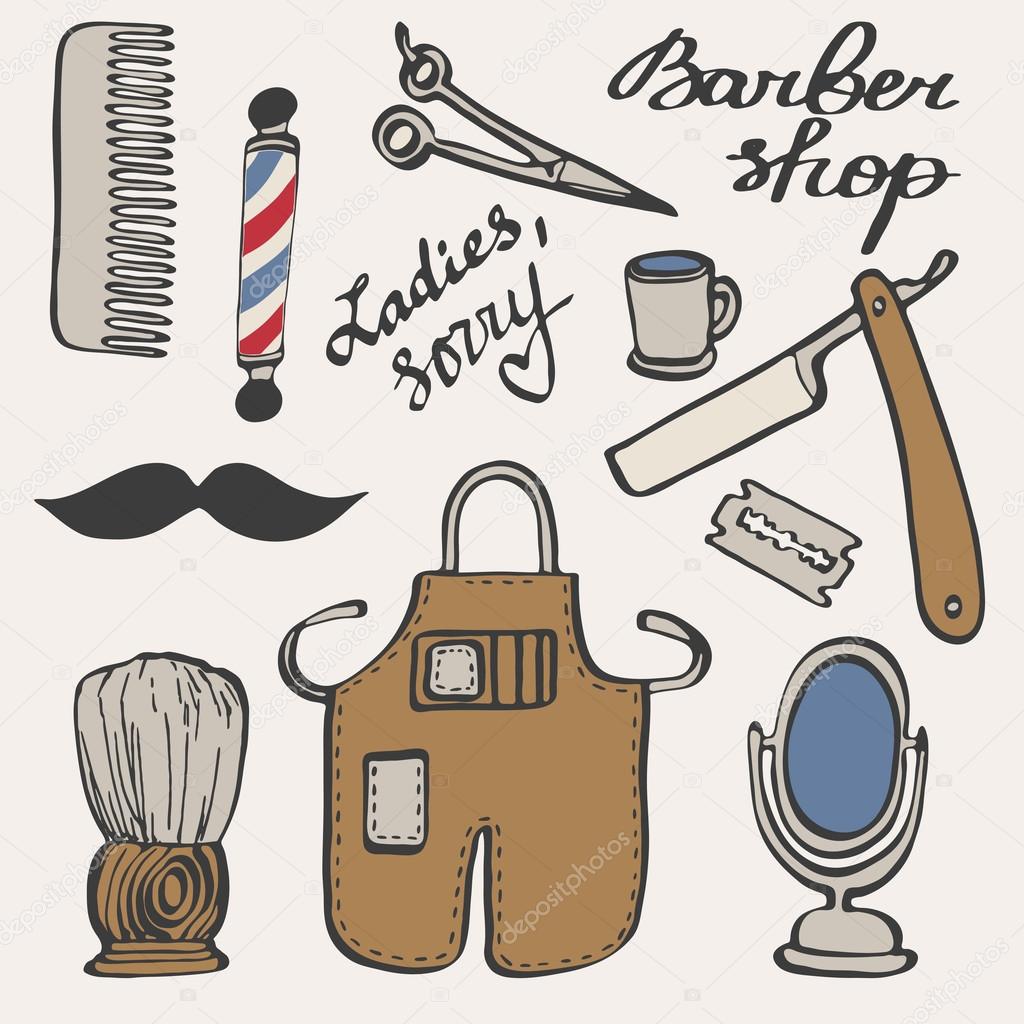 Barbershop set. Hand-drawn cartoon hairdressing stuff. Doodle drawing.