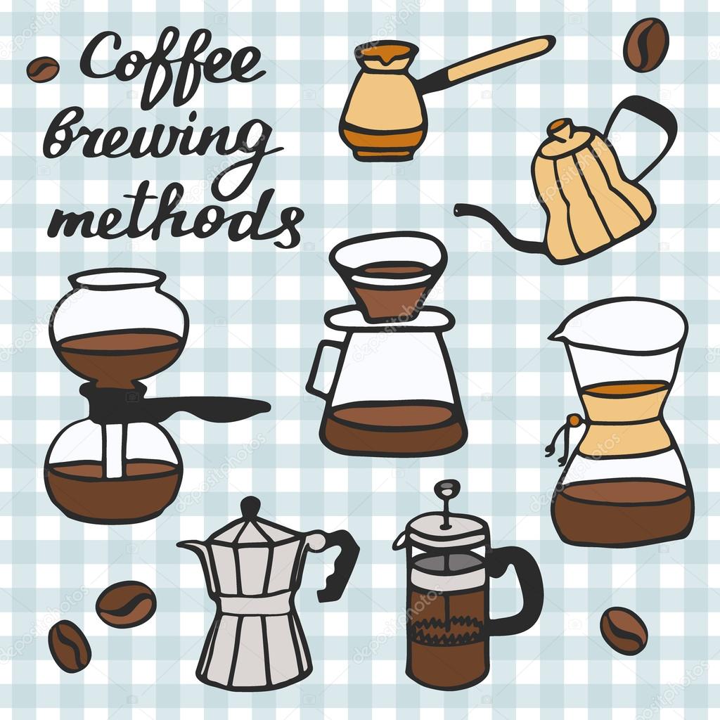 Coffee brewing methods set. Hand-drawn cartoon coffee makers. Doodle drawing. 