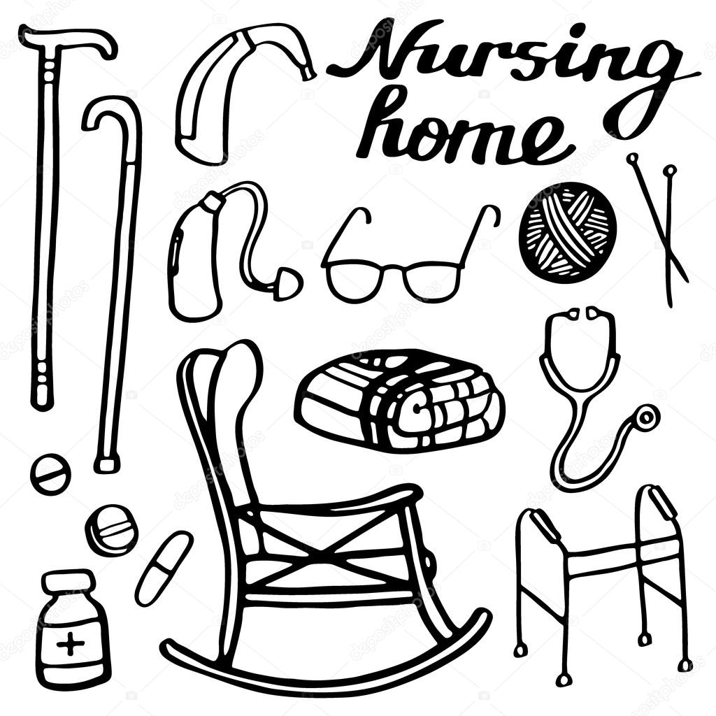 Nursing home set. Hand-drawn stuff for elderly home. Doodle drawing. 