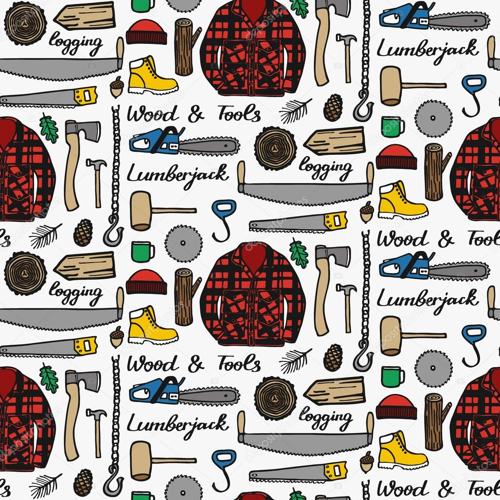 Lumberjack set, wood and tools. Hand-drawn seamless cartoon pattern with logging elements. Vector illustration. 