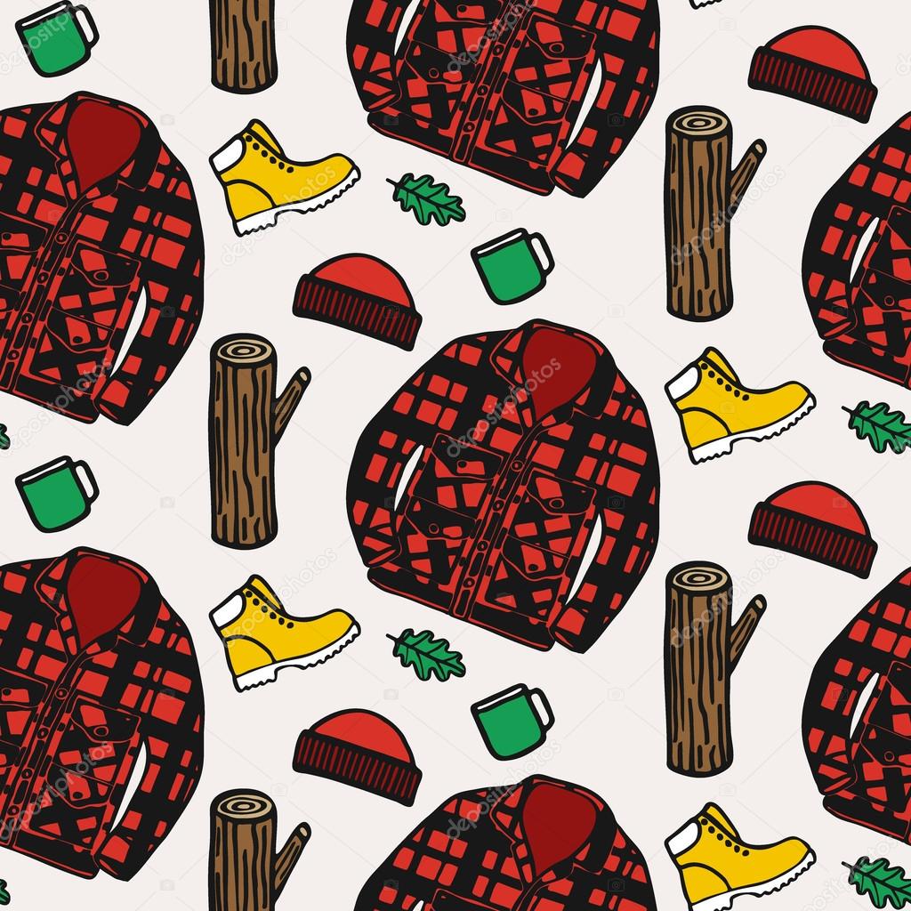 Lumberjack clothing. Hand-drawn seamless cartoon pattern with logging style. Vector illustration. 