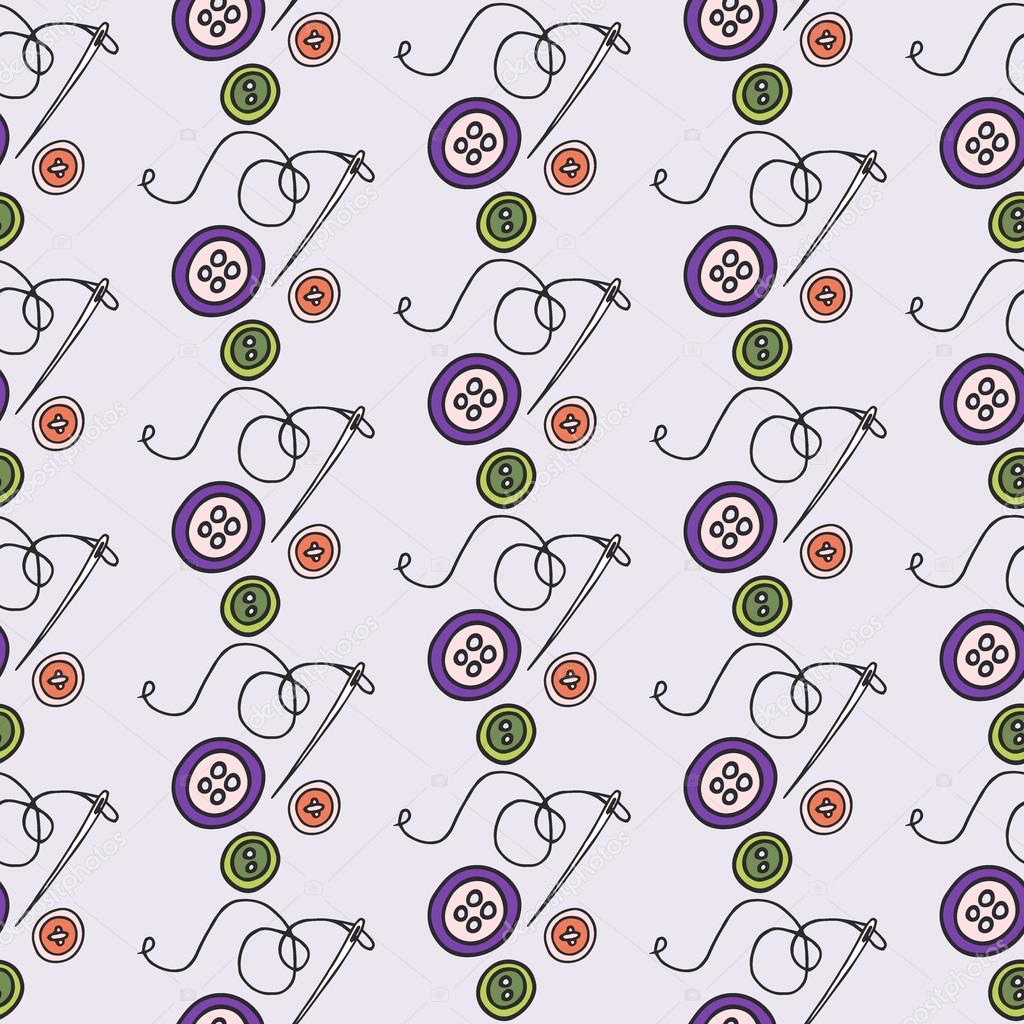 Buttons and needle. Seamless pattern with hand-drawn cartoon sewing tools. Vector illustration.