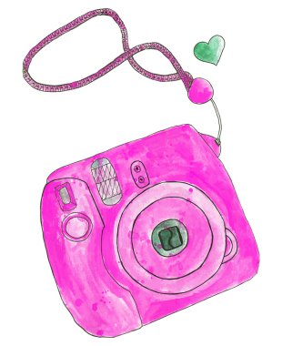 Instant photo camera. Hand-drawn camera. Real watercolor drawing. Vector illustration.