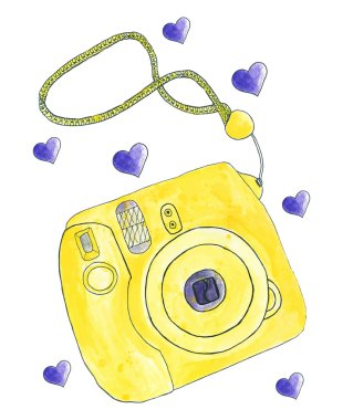 Instant photo camera. Hand-drawn camera. Real watercolor drawing. Vector illustration.
