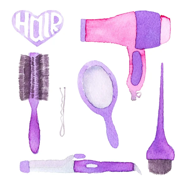 Hairstyling set. Hand-drawn tools. Real watercolor drawing. Vector illustration.