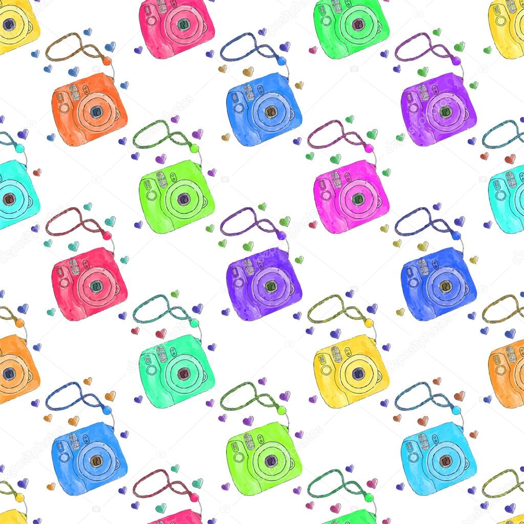 Instant photo camera. Seamless pattern with cameras. Hand-drawn background. Vector illustration.