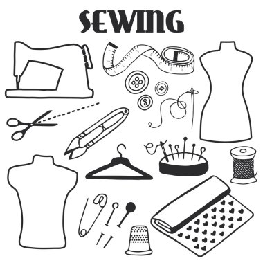 Sewing set. Hand-drawn cartoon tools. Doodle drawing.