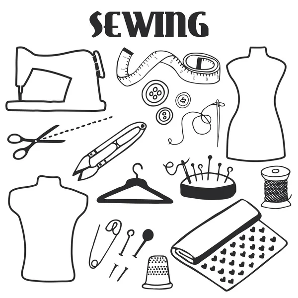 Sewing set. Hand-drawn cartoon tools. Doodle drawing. — Stockový vektor