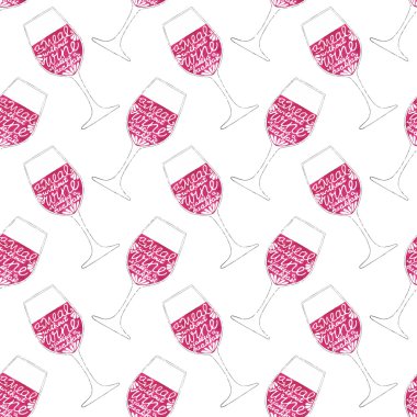 Glass of wine. Seamless pattern with hand-drawn lettering. Quote A meal without wine is called a breakfast. Real watercolor drawing. Vector illustration.