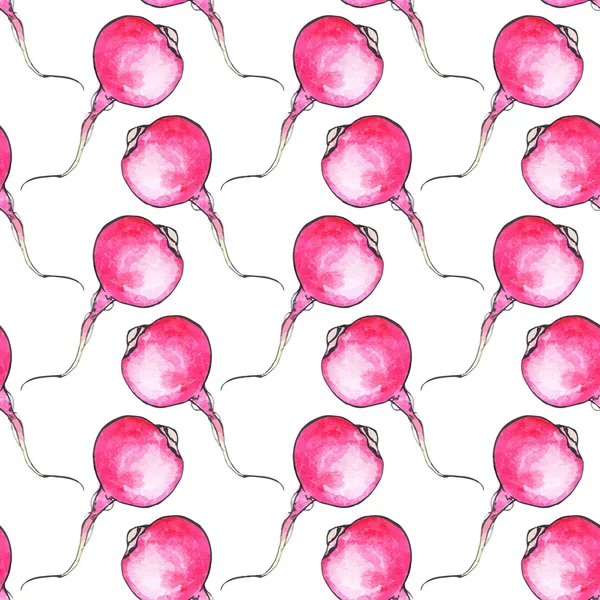 Radis. Modèle sans couture avec des légumes. Fond dessiné à la main. Illustration vectorielle . — Image vectorielle