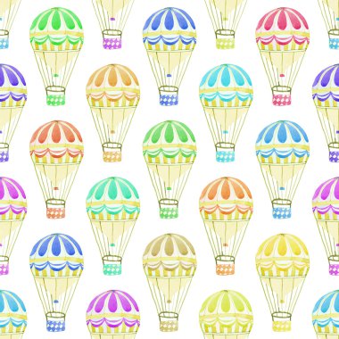 Seamless pattern with hot air balloons. Hand-drawn background. Vector illustration.