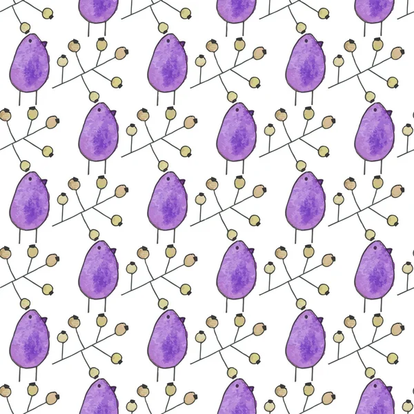 Seamless pattern with cartoon birds and branches. Hand-drawn background. Vector illustration. — Stock vektor