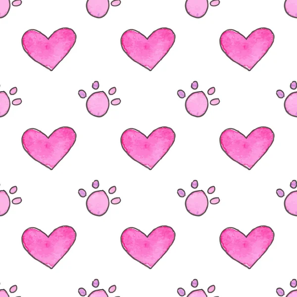 Seamless pattern with cartoon paws and hearts. Hand-drawn background. Vector illustration.