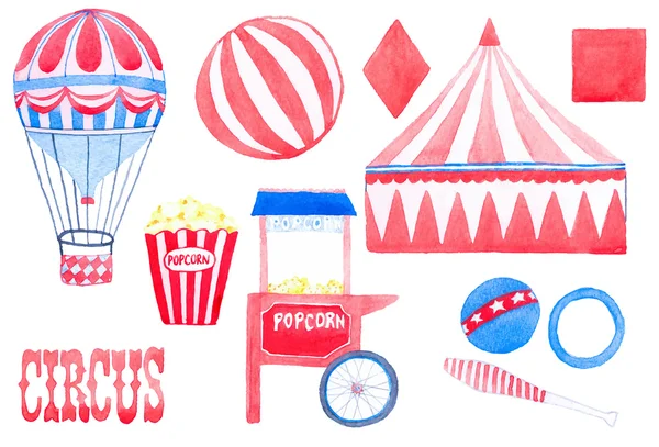 Circus. Hand-drawn set with circus elements. Real watercolor drawing. Vector illustration.