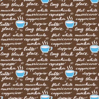 Coffee menu. Seamless pattern with hand-drawn cartoon names of different coffee drinks. Doodle drawing. clipart