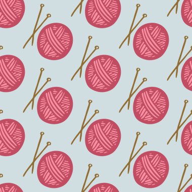 Yarn ball and knitting needles. Hand-drawn seamless cartoon pattern with yarn and needle. Vector illustration.