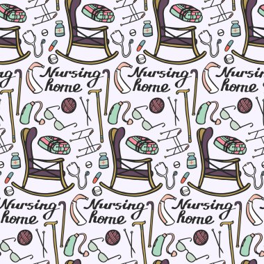 Nursing home set. Seamless pattern with hand-drawn stuff for elderly home. Doodle drawing.