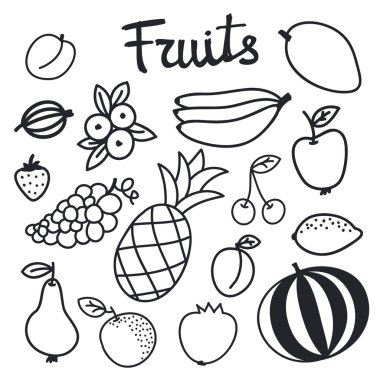 Fruit set. Hand-drawn different cartoon fruits. Doodle drawing.
