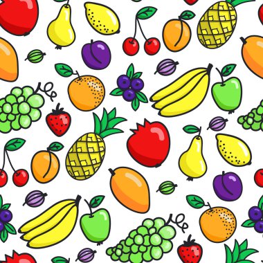 Fruits. Seamless pattern with different fruits on the white background. Hand-drawn original background.