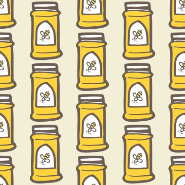 Honey jar. Hand-drawn seamless cartoon pattern with honey jars. Vector illustration.