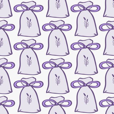 Lavender. Seamless pattern with pouches or sachetes on the white background. Hand-drawn original background. clipart