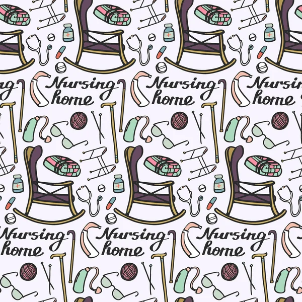 Nursing home set. Seamless pattern with hand-drawn stuff for elderly home. Doodle drawing. — Stock vektor