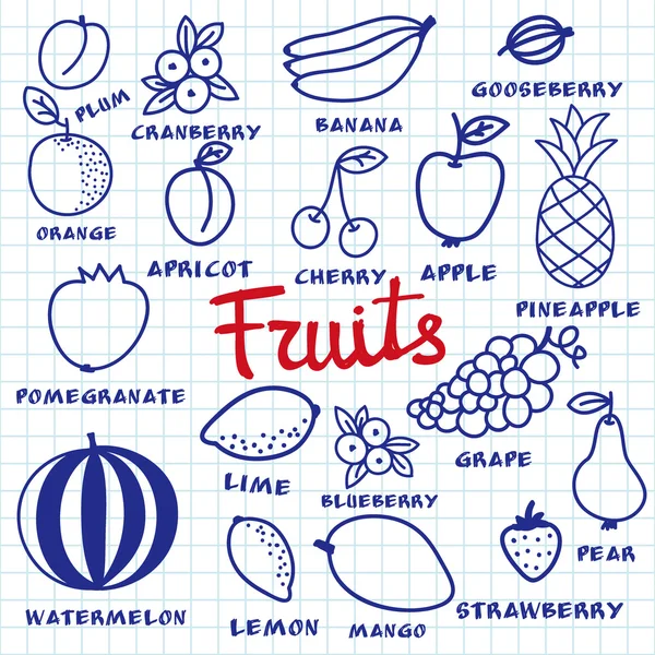 Fruit set. Hand-drawn different cartoon fruits made with blue pen on the notebook sheet. Doodle drawing. — 图库矢量图片