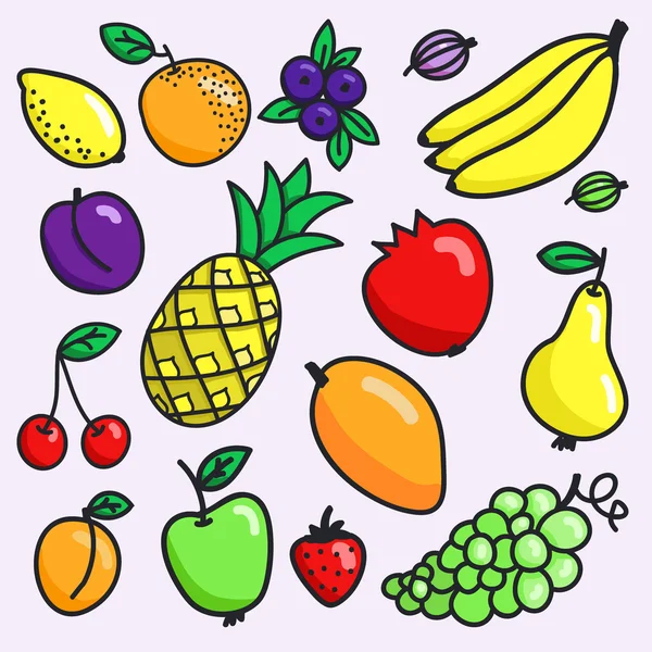 Set di frutta. Frutti di cartoni animati diversi disegnati a mano. Disegno Doodle . — Vettoriale Stock