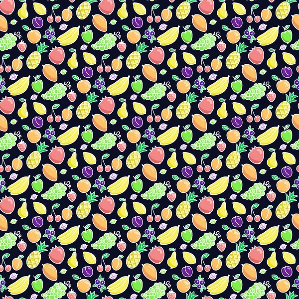 Fruits. Seamless pattern with different fruits on the black background. Hand-drawn original background. — Stock vektor