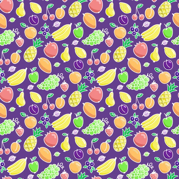 Frutas. Patrón sin costuras con diferentes frutas en el fondo violeta. Fondo original dibujado a mano . — Archivo Imágenes Vectoriales