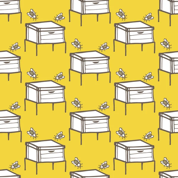 Beehive and bee. Hand-drawn seamless cartoon pattern with honey bees and hives. Vector illustration. — Stock Vector